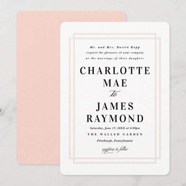 Simple Frame Peach Classic Wedding Invitation (Front/Back)