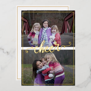 Simple Frame Script Handwritten Cheer 3 photos Foil Holiday Card