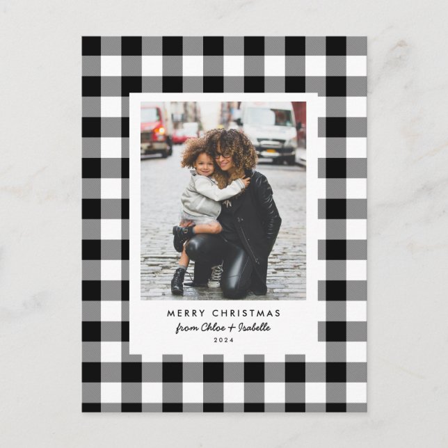 Simple Frame White Buffalo Plaid Christmas Photo Postcard (Front)