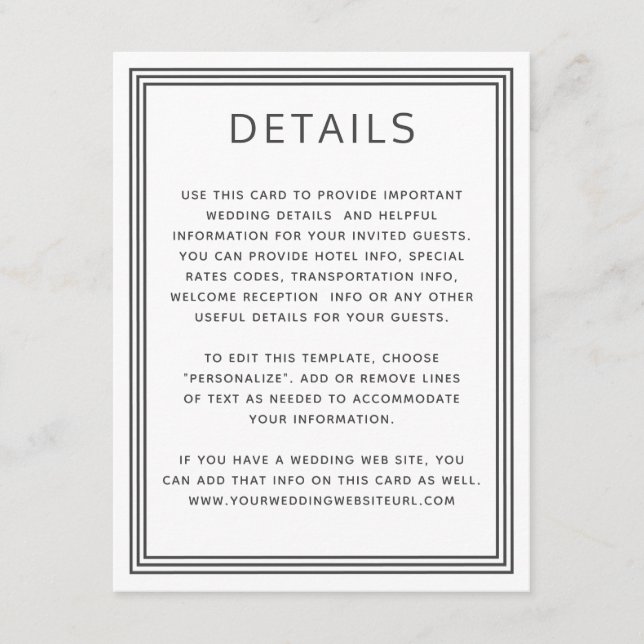 Simple Frame White Wedding Details Information Enclosure Card (Front)