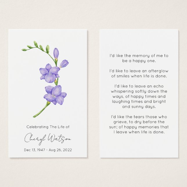 Simple Freesia Funeral Memorial Prayer Card (Front & Back)