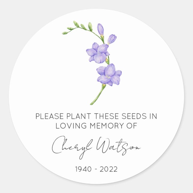 Simple Freesia Memorial Seed Packet Classic Round Sticker (Front)