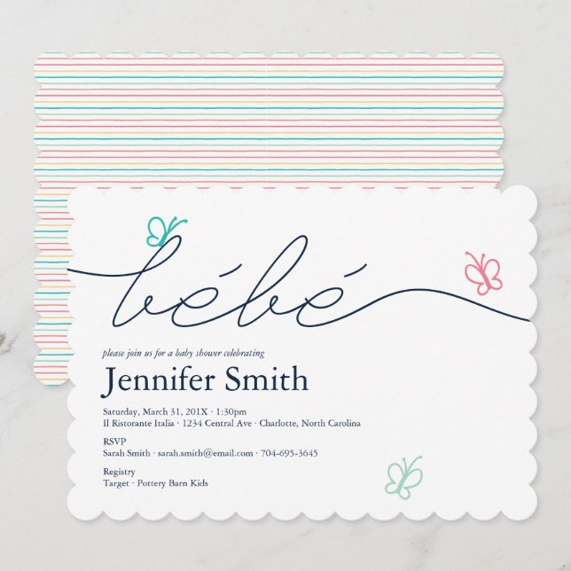 Simple French Bebe Butterfly Baby Shower Invitation (Front/Back)