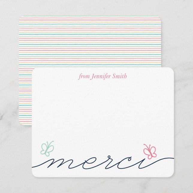Simple French Merci Butterfly Thank You Note Invitation (Front/Back)