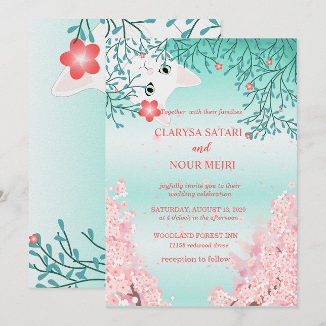 Simple  fresh colourful cat flowers wedding invitation (Front/Back)