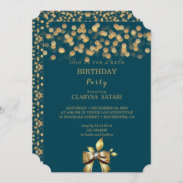 Simple fresh colourful gold  bow Birthday party Invitation (Front/Back)