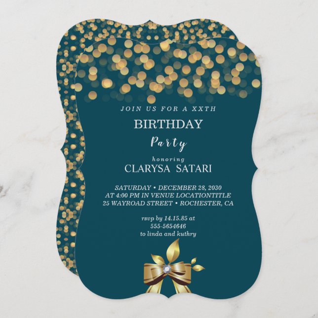 Simple fresh colourful gold  bow Birthday party Invitation (Front/Back)