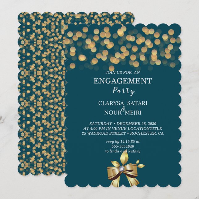 Simple fresh colourful gold  bow engagement party invitation (Front/Back)