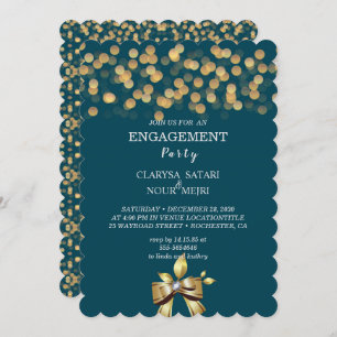 Simple fresh colourful gold bow engagement party invitation