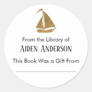 Simple From the Library of Gold Sailboat Bookplate Classic Round Sticker