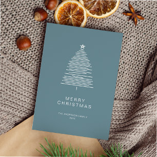 Simple Frost Blue Line Art Merry Christmas Tree Holiday Card