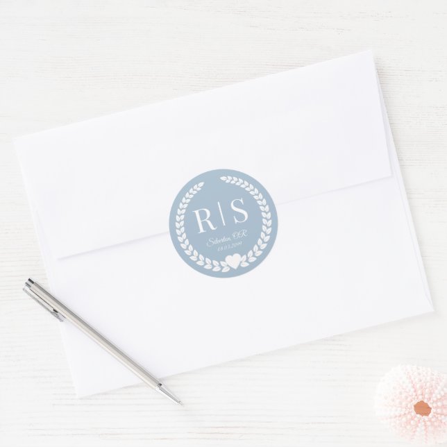 Simple Frosted Blue Monogram Classic Round Sticker (Envelope)