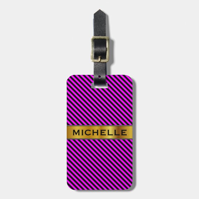 Simple Fuchsia & Black Stripes Pattern + Name Luggage Tag (Front Vertical)