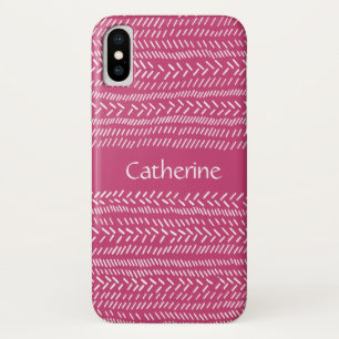 Simple Fuchsia Pink White Stripes Boho Add Name iPhone X Case