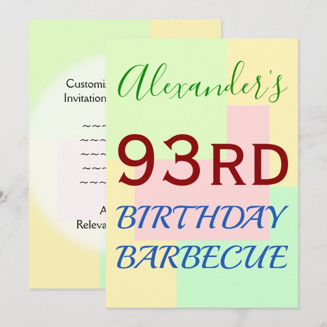 Simple, Fun "93rd BIRTHDAY BARBECUE" Invitation (Front/Back)