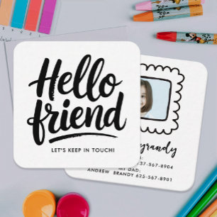 Simple Fun Black White Hello Friend Playdate Photo Square Business Card