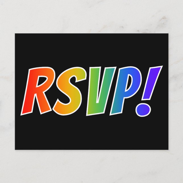 Simple, Fun, Colourful Rainbow Letters "RSVP!" Postcard (Front)
