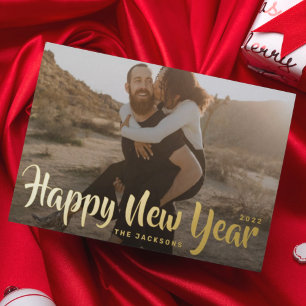 Simple Fun Merry Christmas Family Gold Photo Foil  Holiday Postcard