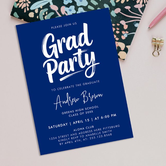 Simple Fun Modern Blue White Grad Brush Ink Script Invitation (Creator Uploaded)