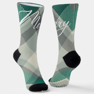 Simple Fun Plaid Gingham Merry Christmas Holiday Socks