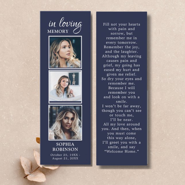 Simple Funeral 3 Photo Navy Blue Prayer Card (Creator Uploaded)
