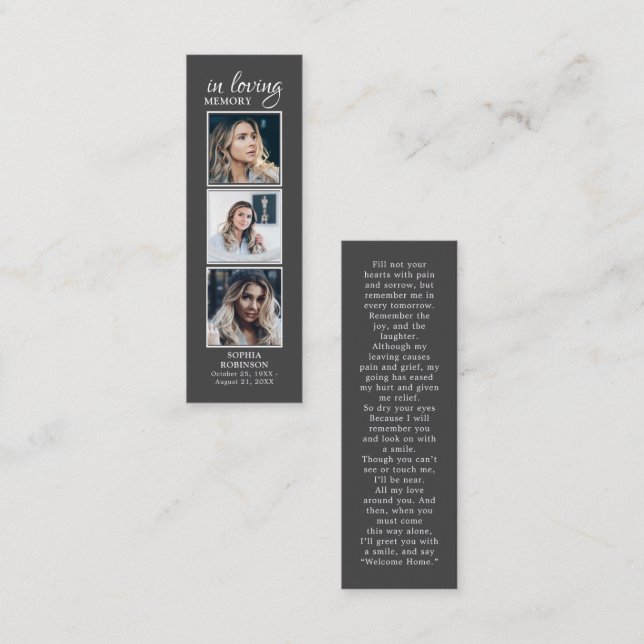 Simple Funeral 3 Photo Sympathy Grey Prayer Card (Front/Back)