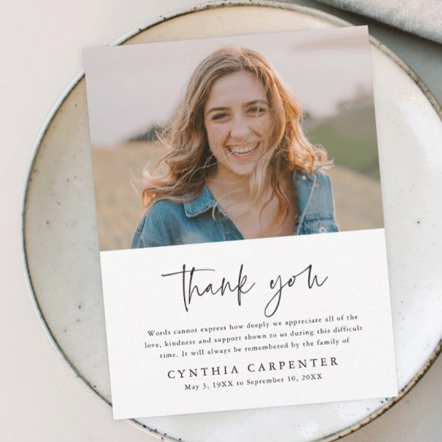 Simple Funeral Memorial Photo Thank You Card (Simple typography black and white photo memorial thank you postcard.)