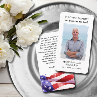 Simple Funeral Memorial Photo US Flag Prayer Card