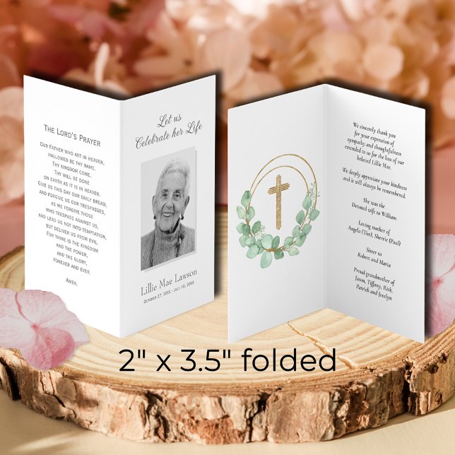 Simple Funeral Memorial Prayer Photo Card (SMALL folded celebration of life photo tribute prayer cards, 2" x 3.5" finished size)