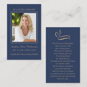 Simple Funeral Photo Gold Script Blue Prayer Card
