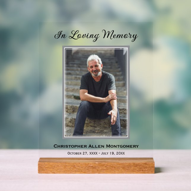 Simple Funeral Photo Sympathy Memorial Acrylic Sign (Neutral)