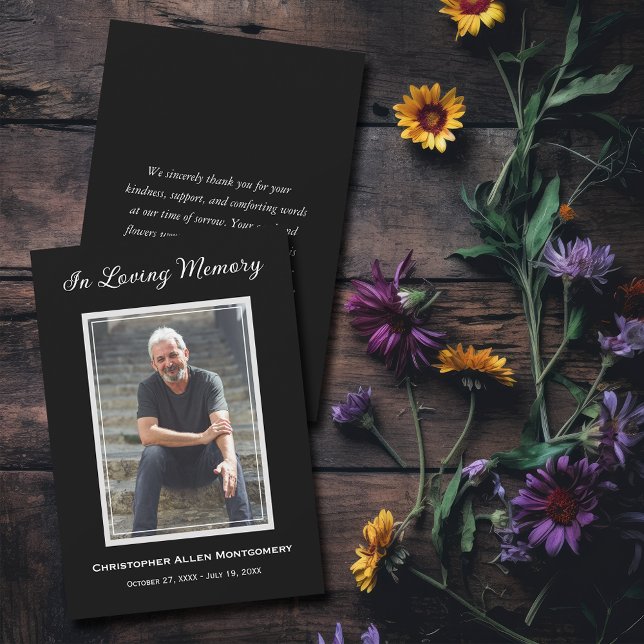 Simple Funeral Photo Sympathy Memorial Card (Simple funeral photo on black flat thank you notes with your message on the back)