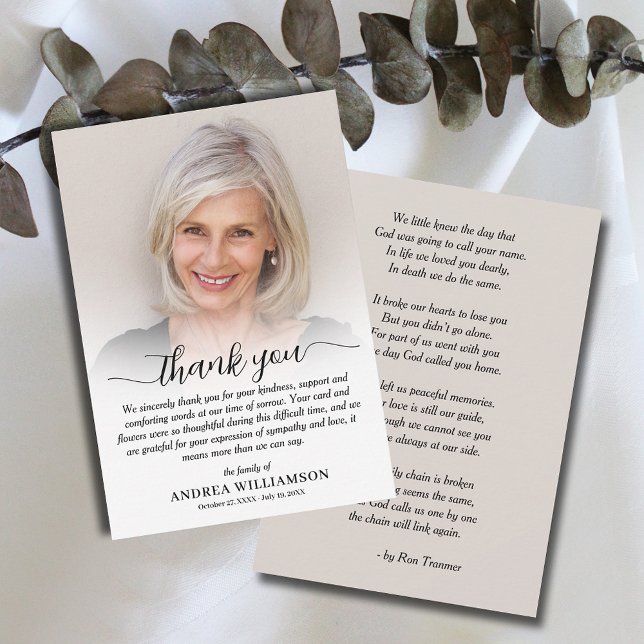 Simple Funeral Photo Sympathy Thank You Card (Flat funeral thank you notes, photo and thank you on the front and poem/prayer  on the back.)