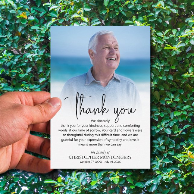 Simple Funeral Photo Thank You Card (Simple funeral thank you cards feature your loved one's photo, 3.5" x 5" or choose a different size)