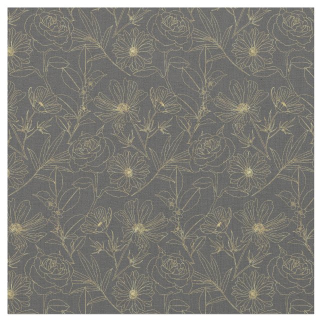 Simple garden flowers gold outlines design fabric (Close Up)
