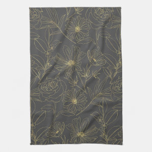 Simple garden flowers gold outlines design tea towel