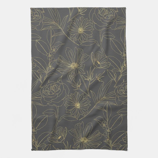 Simple garden flowers gold outlines design tea towel (Vertical)