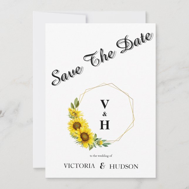 Simple Geometric Gold Sunflower  Save The Date (Front)