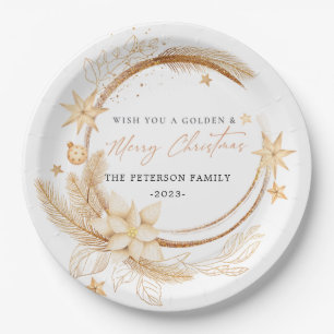 Simple Geometric Golden Floral Christmas Paper Plate