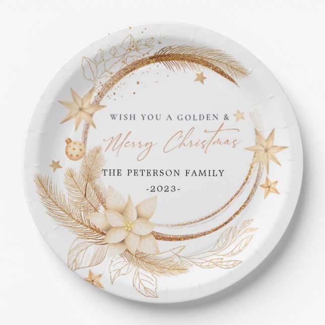 Simple Geometric Golden Floral Christmas  Paper Plate (Front)