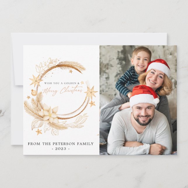 Simple Geometric Golden Floral Holiday Crad Invitation (Front)