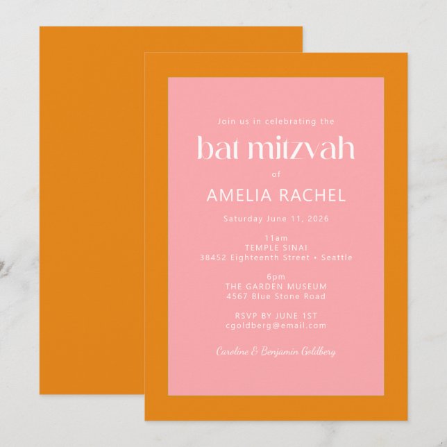 Simple Geometric Pink and Orange Bat Mitzvah Invitation (Front/Back)