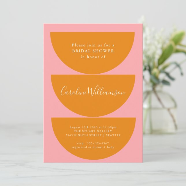 Simple Geometric Pink Orange Modern Bridal Shower Invitation (Standing Front)