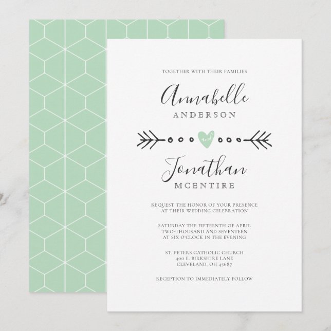 Simple Geometry Heart and Arrow Mint Green Wedding Invitation (Front/Back)