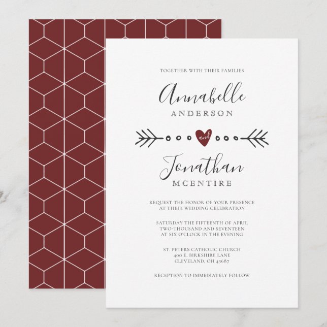 Simple Geometry Heart and Arrow Red Wine Wedding Invitation (Front/Back)