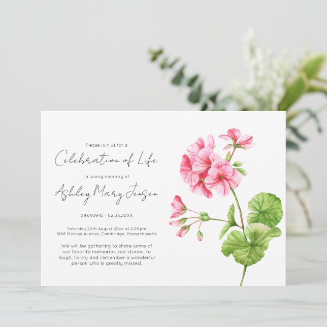 Simple Geranium Celebration of Life Funeral Invitation (Standing Front)