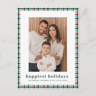 Simple Gingham Photo Happiest Holidays Christmas Holiday Postcard