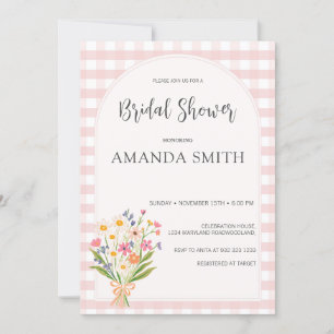 Simple Gingham Pink Floral Bridal Shower  Invitation