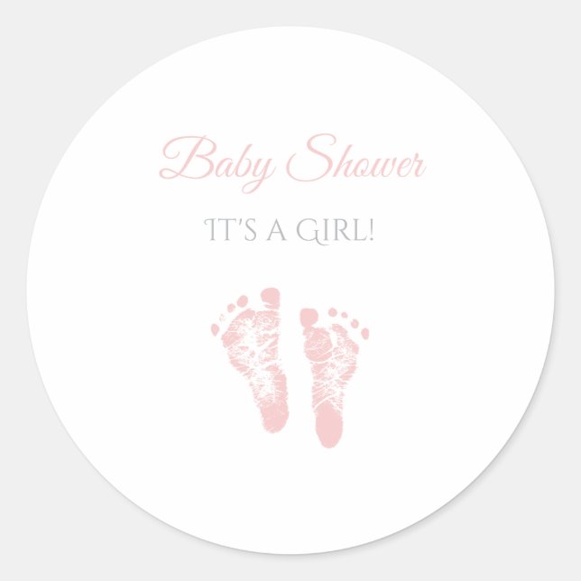 Simple Girl Baby Shower Precious Pink Footprints Classic Round Sticker (Front)