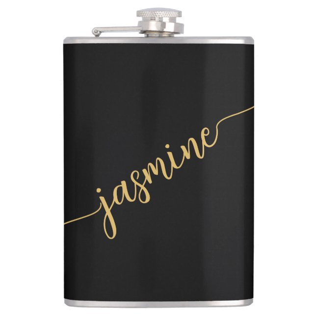 Simple Girly Black And Gold Monogram Name Script Hip Flask (Front)